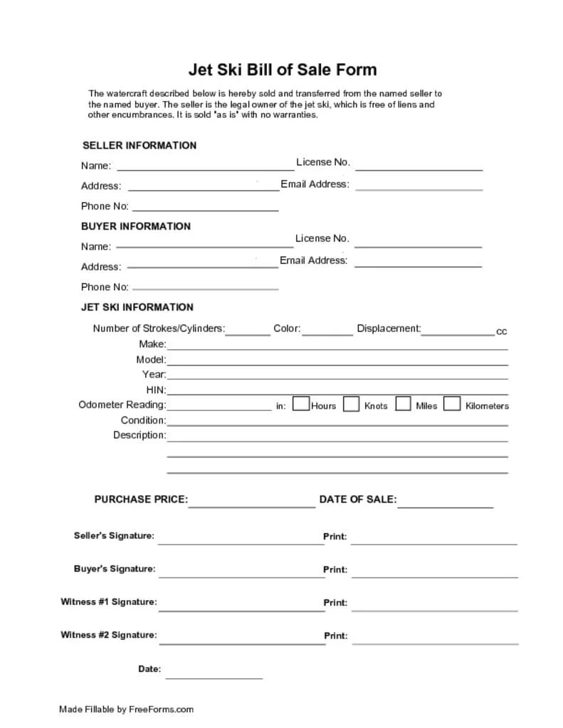 Free Jet Ski Bill Of Sale Form PDF