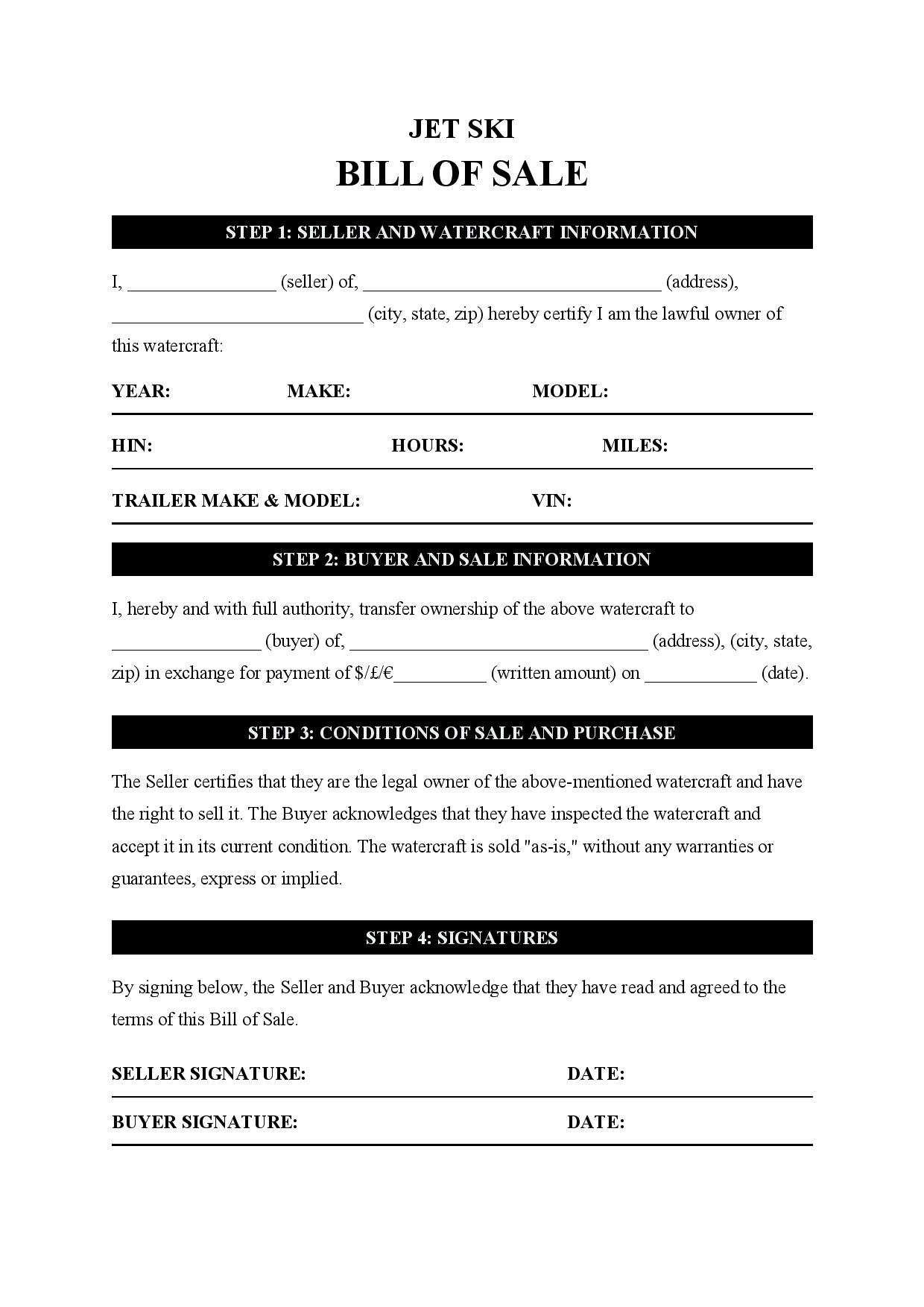 Bill Of Sale Form Free Printable For Jet Ski