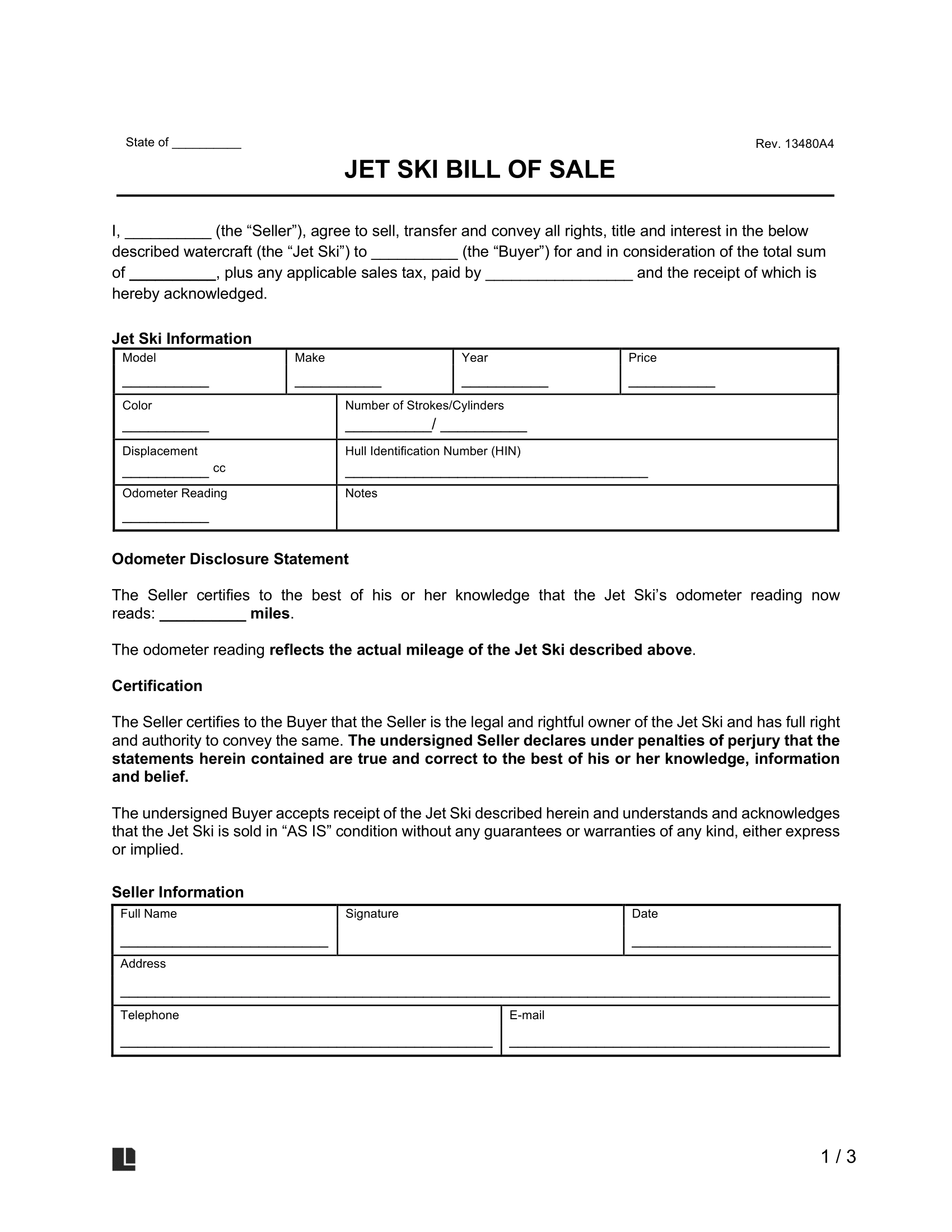 Free Jet Ski Bill Of Sale Template PDF amp Word