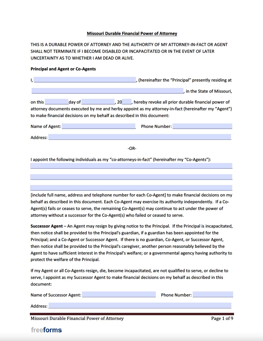 Free Missouri Durable Financial Power Of Attorney Form PDF