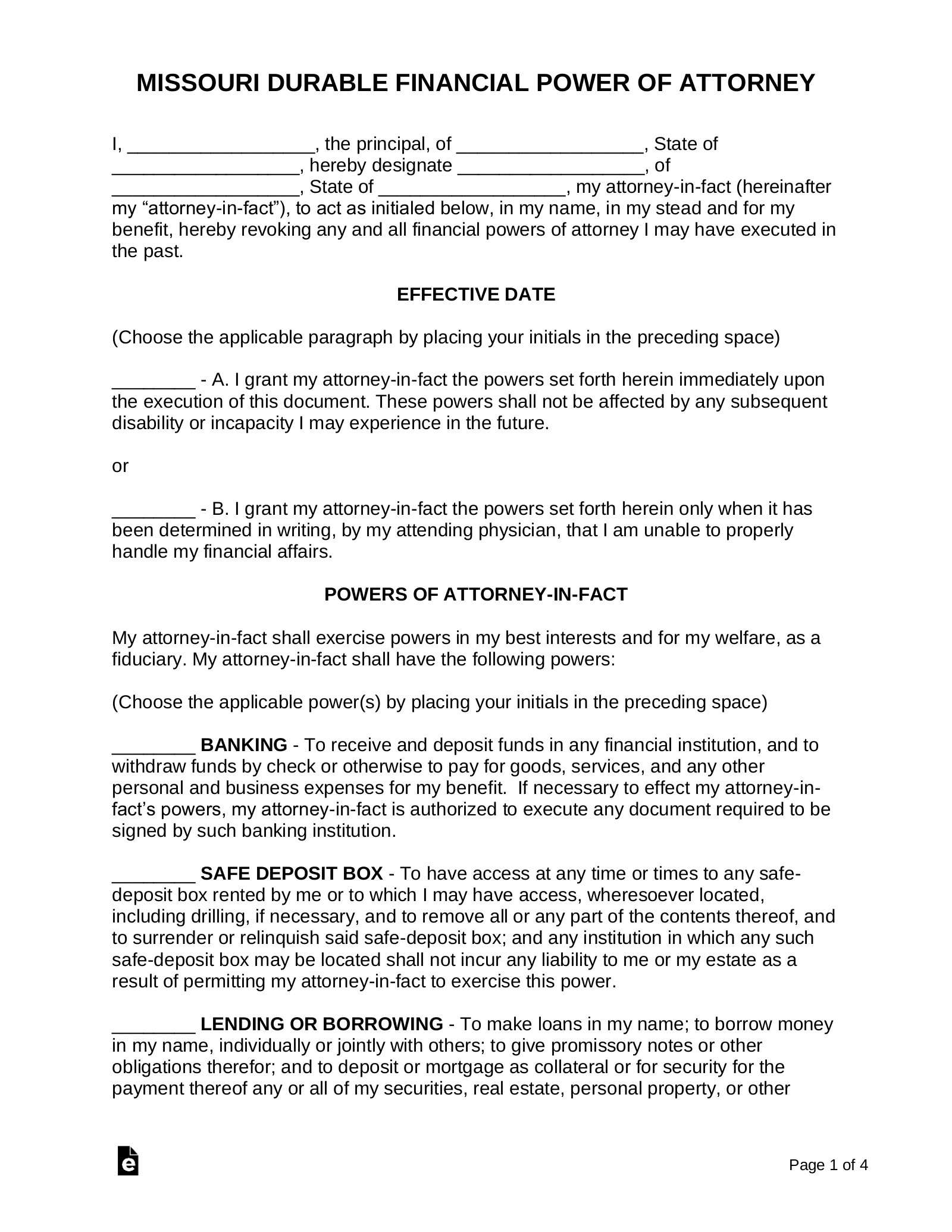 Free Missouri Durable Financial Power Of Attorney Form PDF 