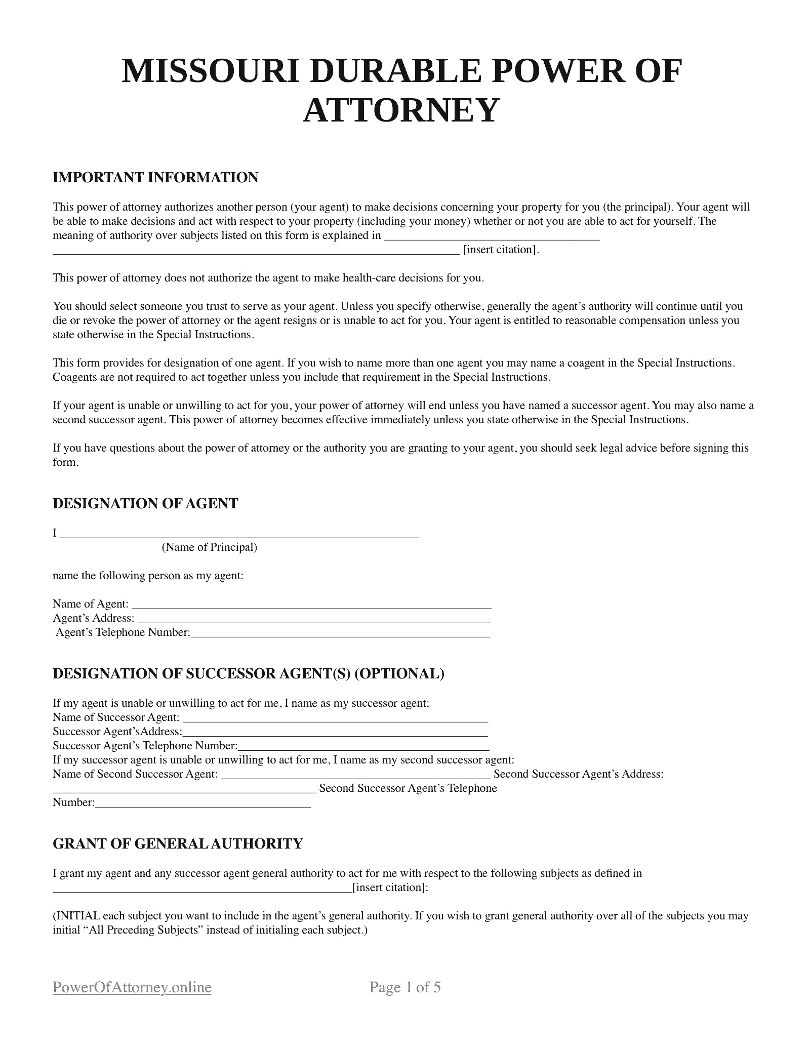 Free Missouri MO Power Of Attorney Forms amp Templates PDF