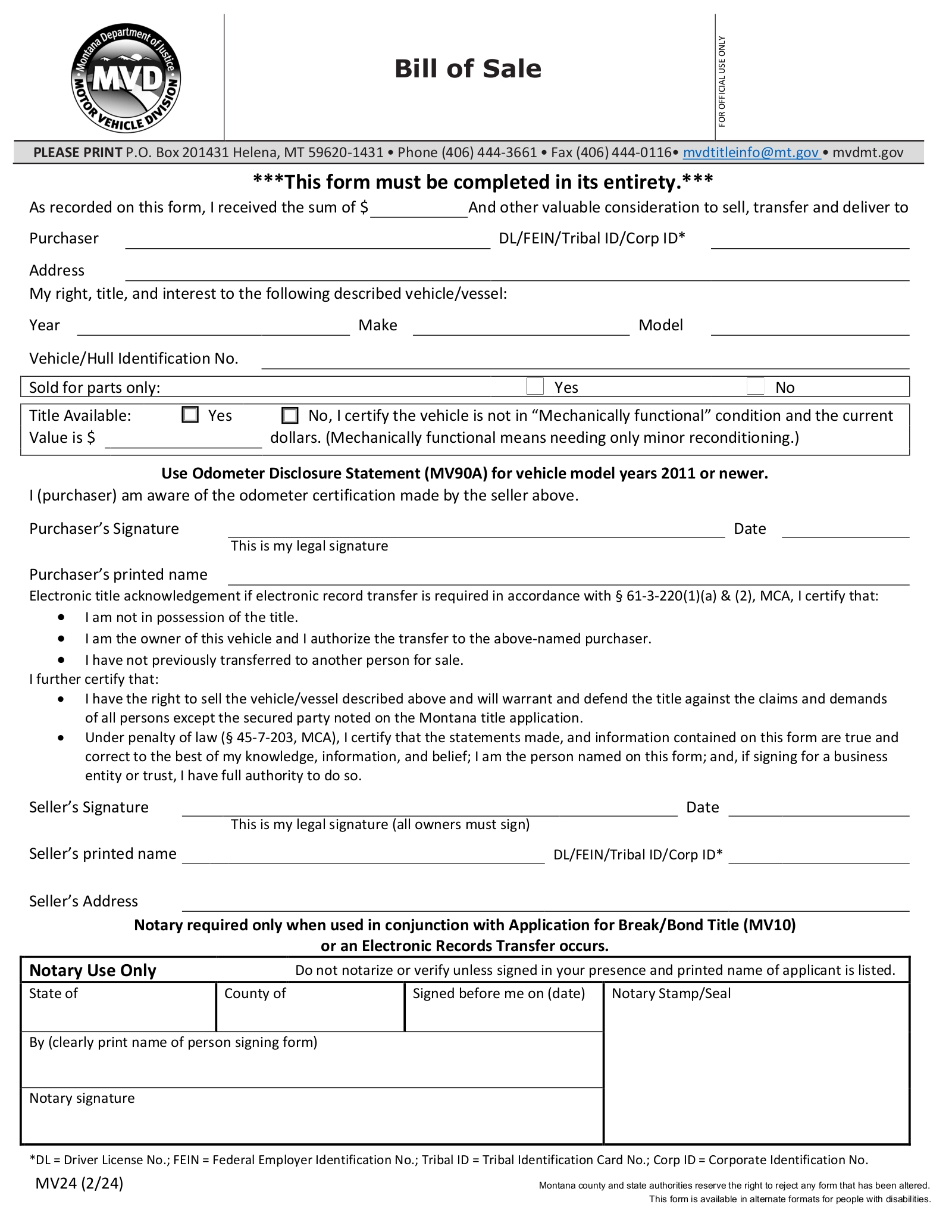 Free Montana Bill Of Sale Forms 4 PDF EForms