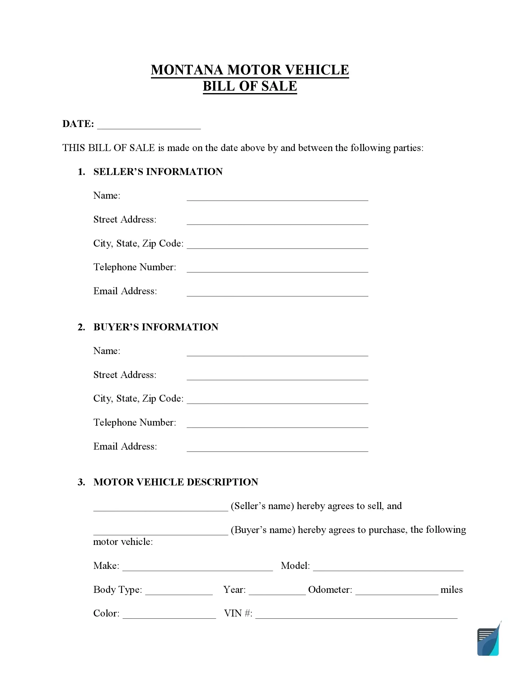 Bill Of Sale Form Printable Montana