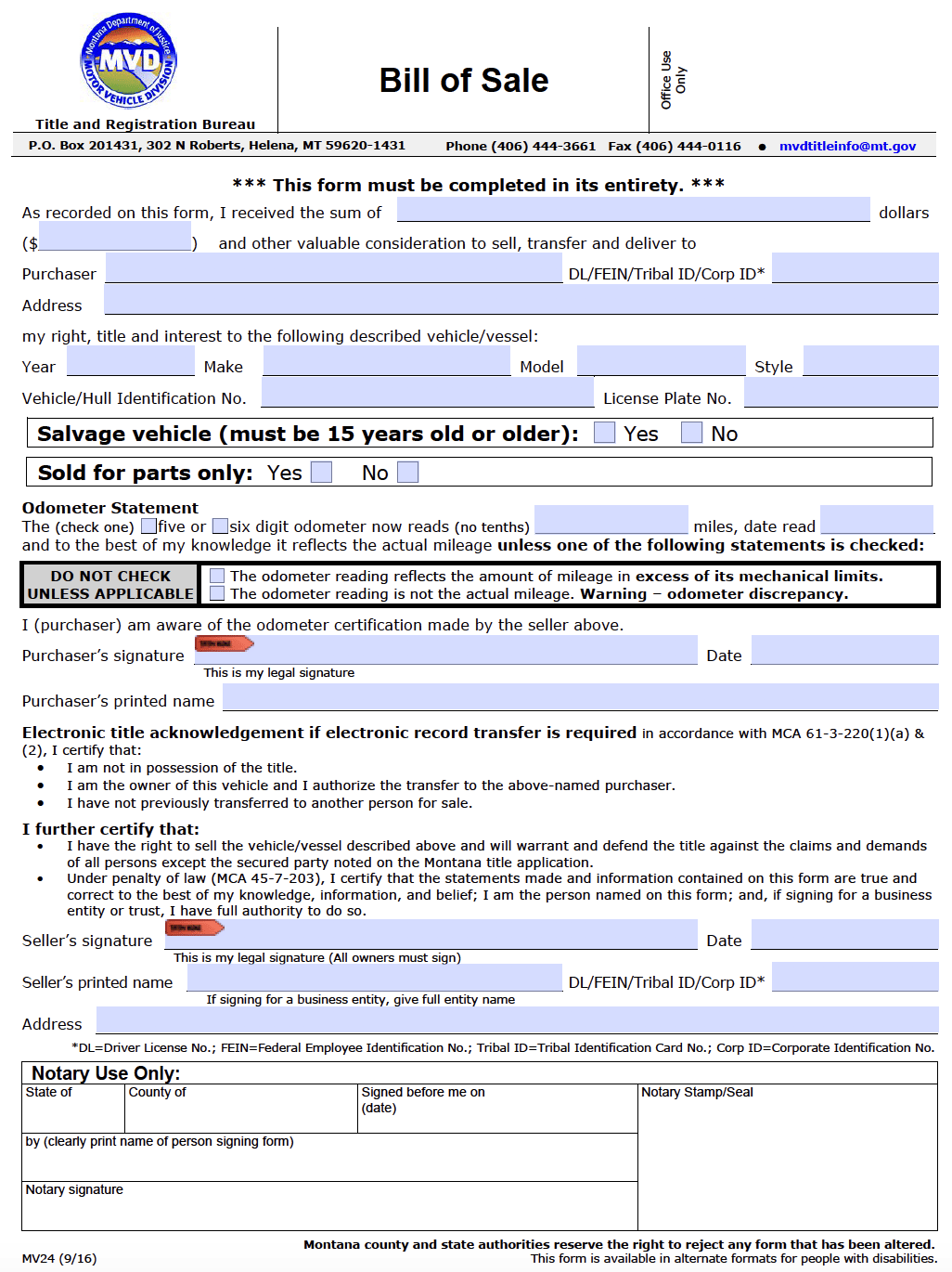 Free Montana Bill Of Sale Forms PDF