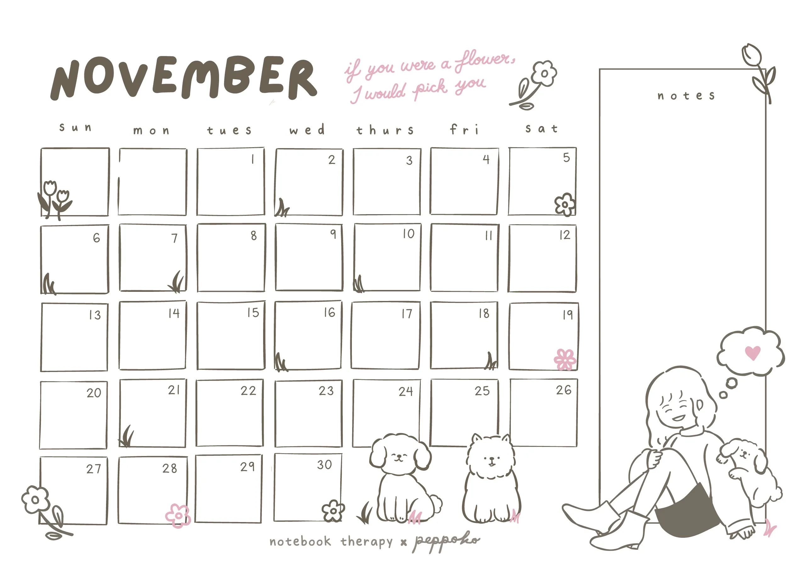 November Calendar Each Day Printable