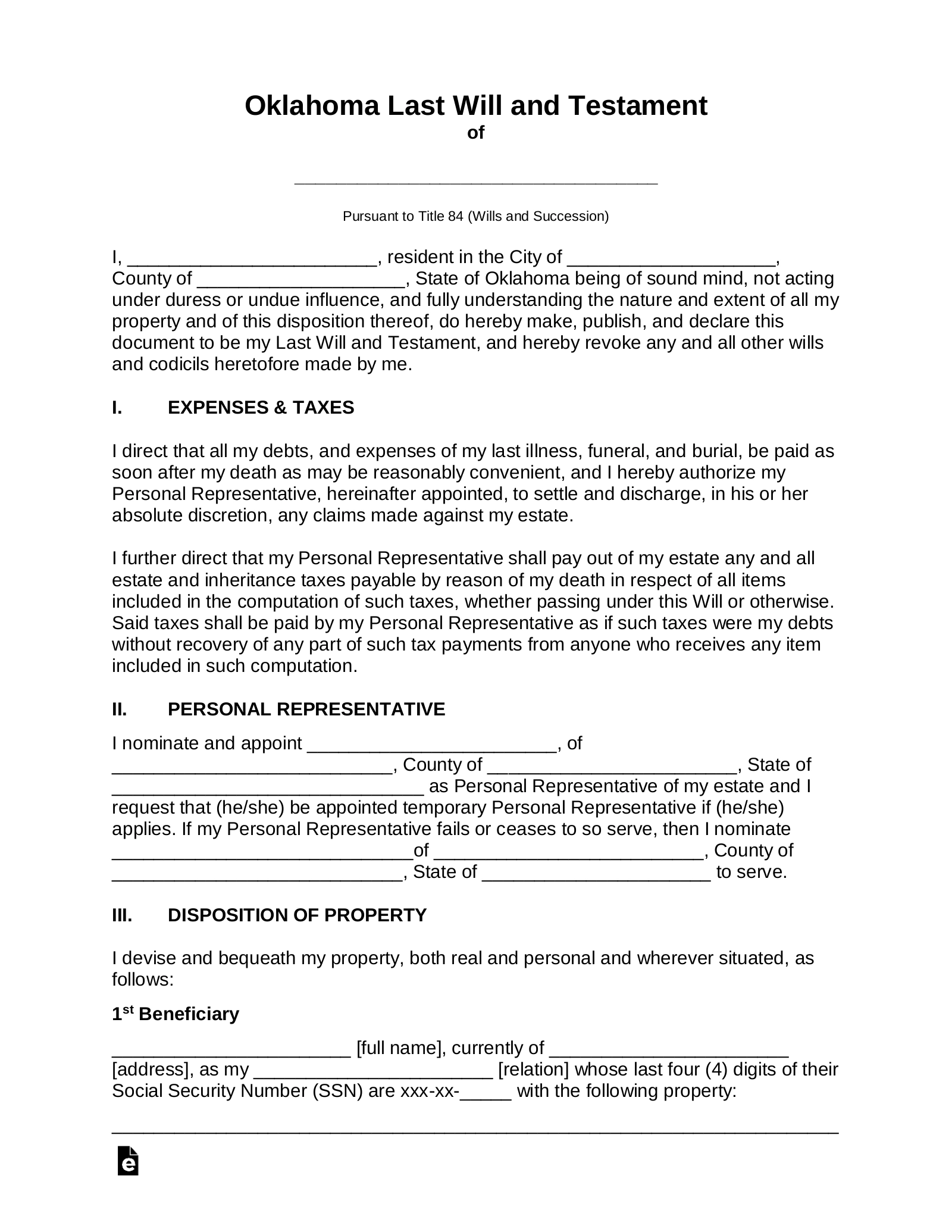 Printable Form For A Will