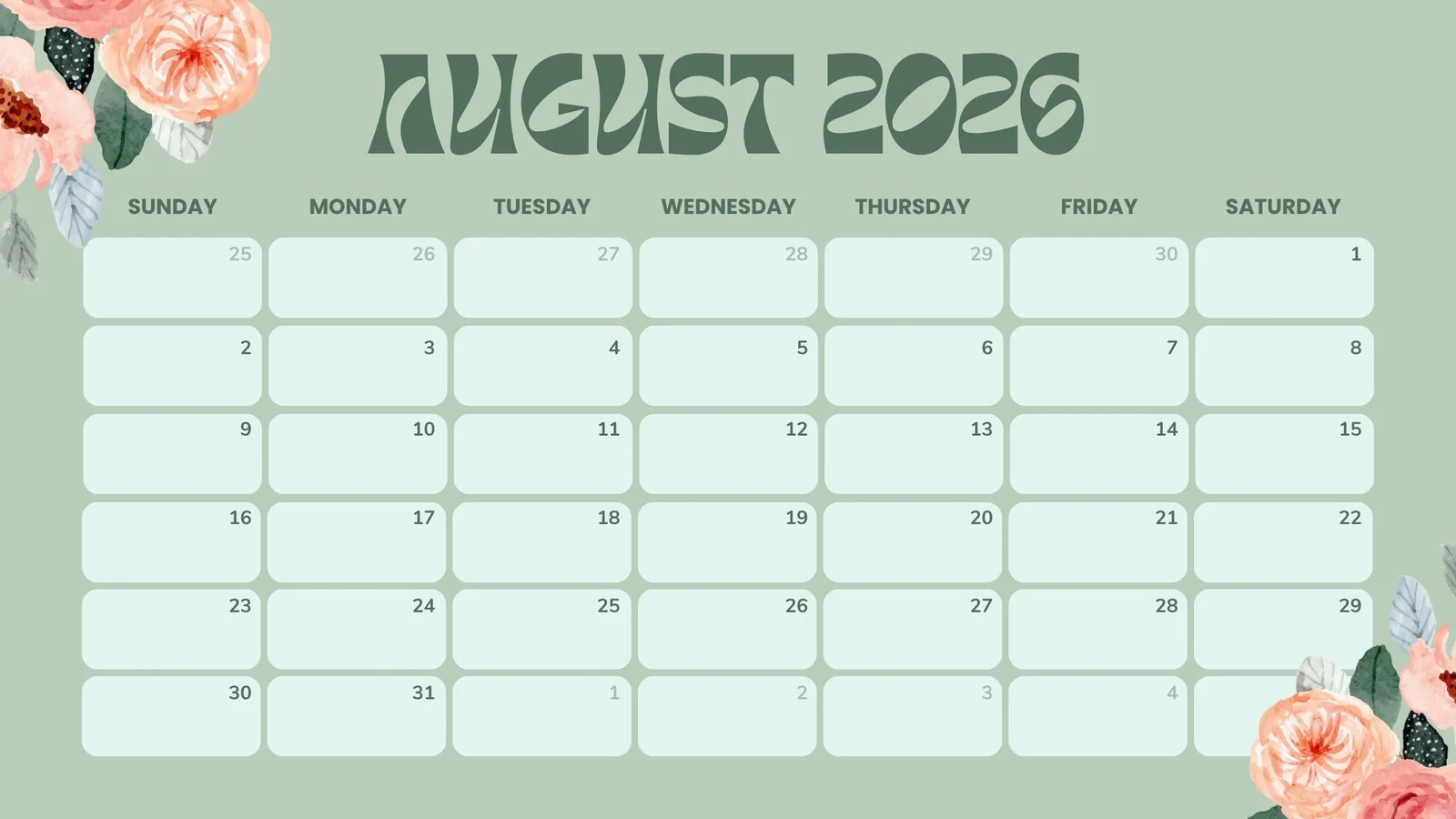 Blank August Calendar Printable 2026