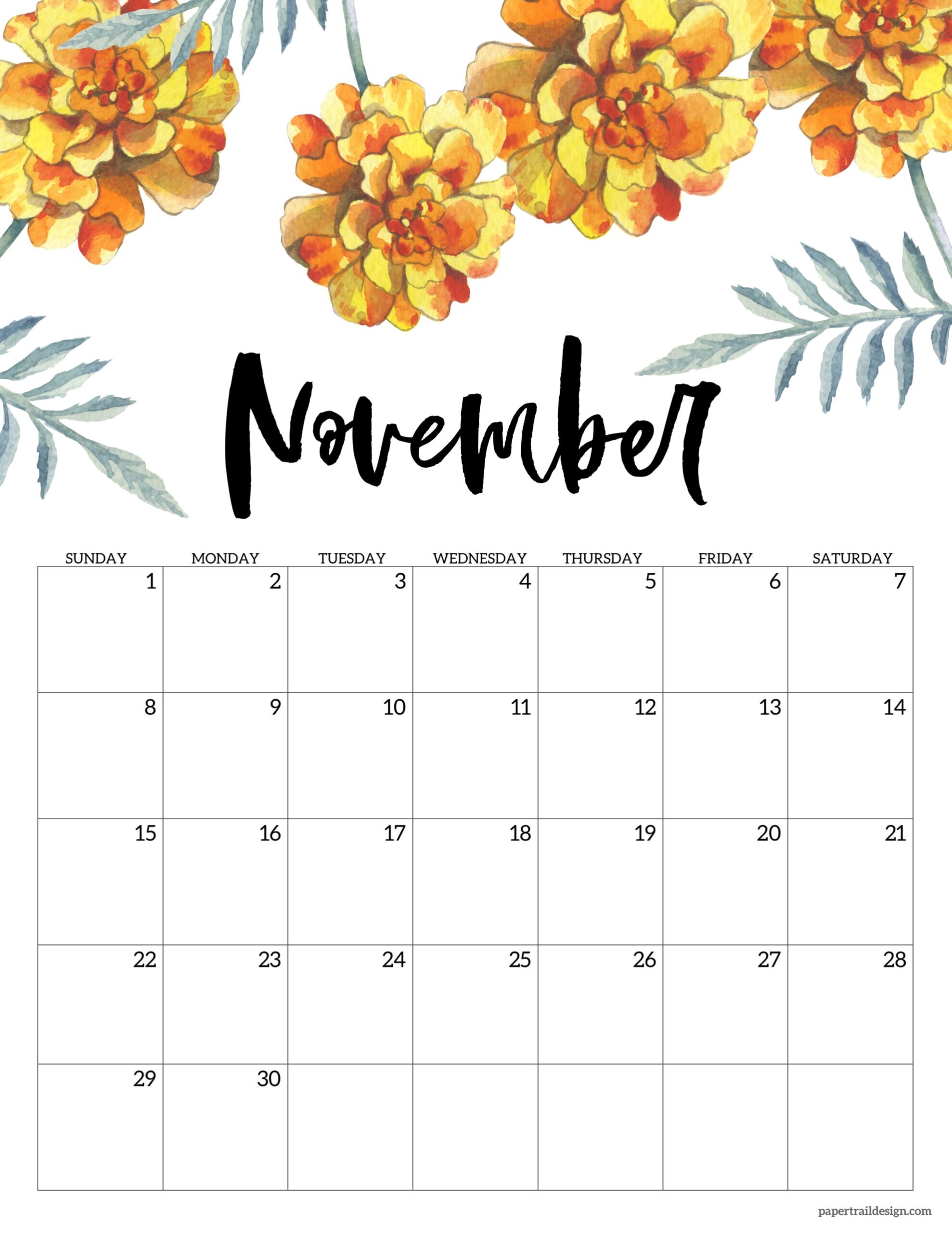 November Printable Floral Calendar 2026
