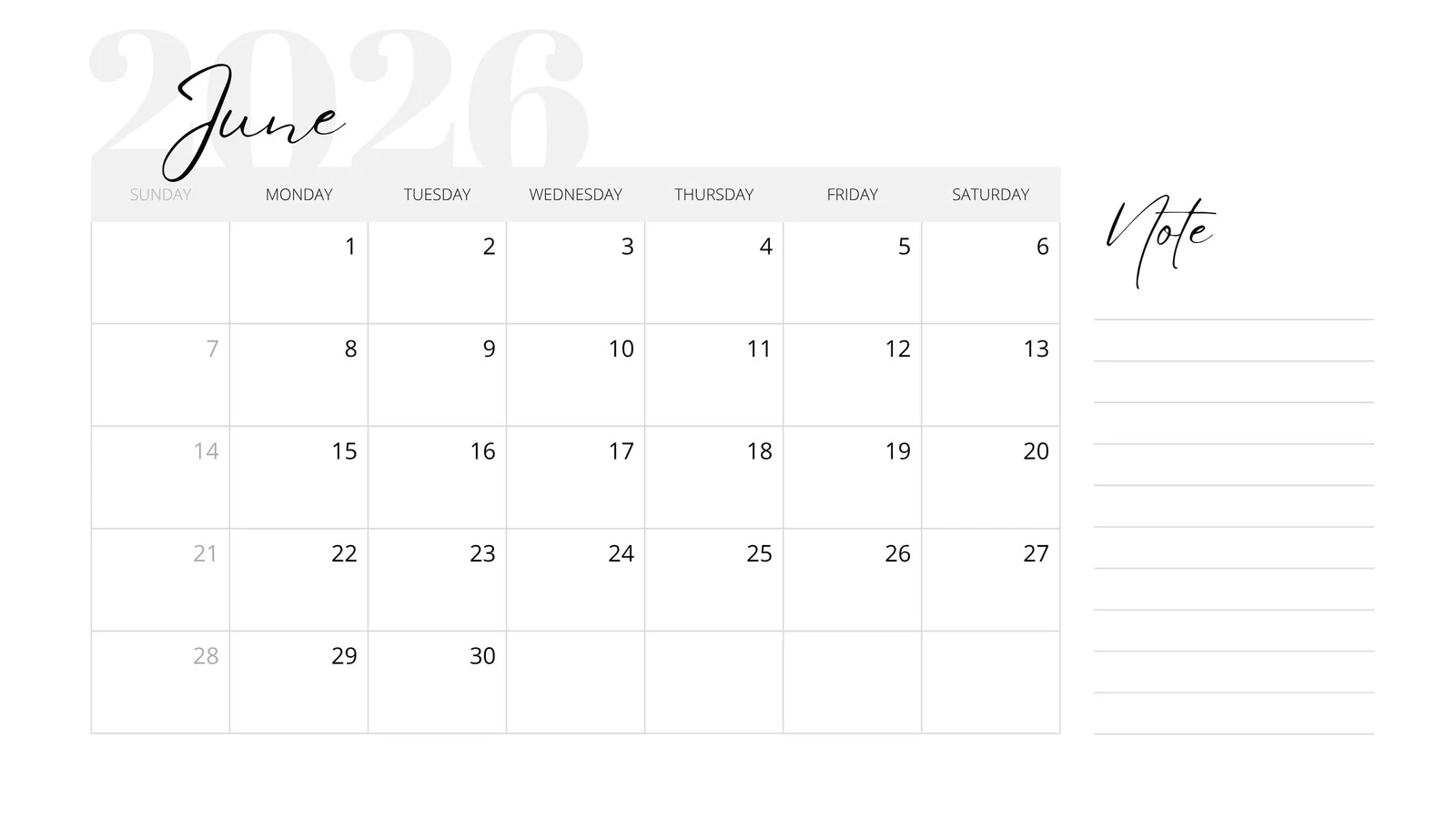 Printable June Blank Calendar 2026