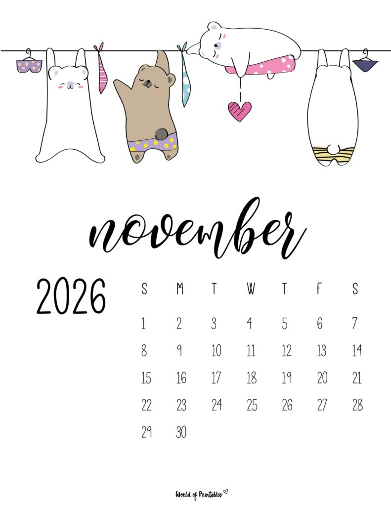 Printable Animal Calendar November 2026