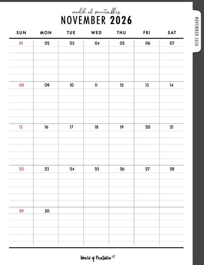 November 2026 Printable Calendar Tumblr
