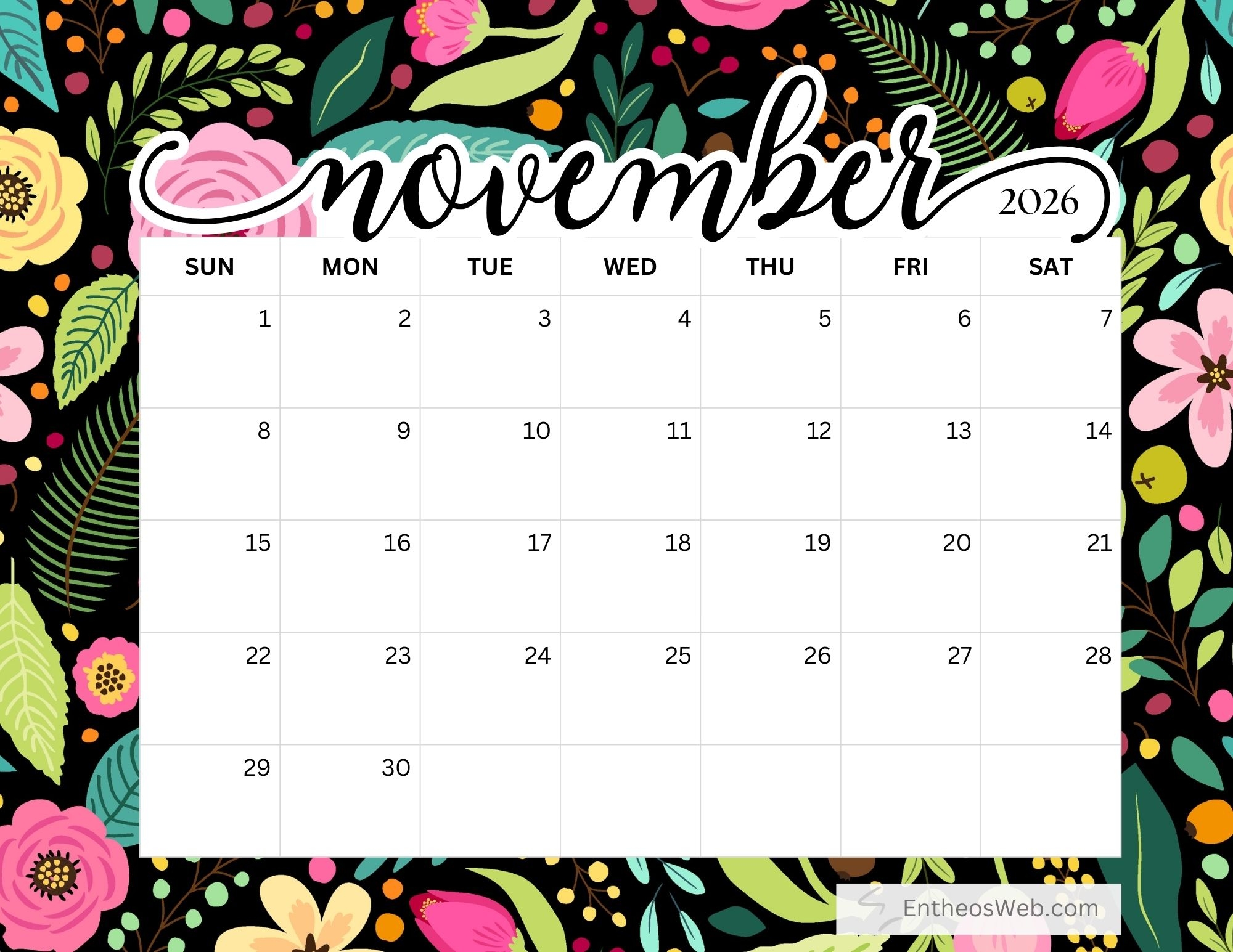 November 2026 Kids Calendar Printable