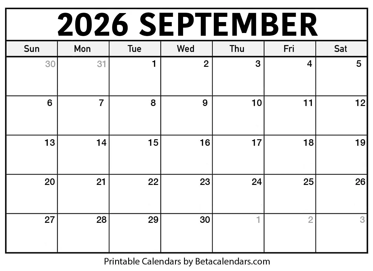 Blank Calendar September 2026 Free Printable