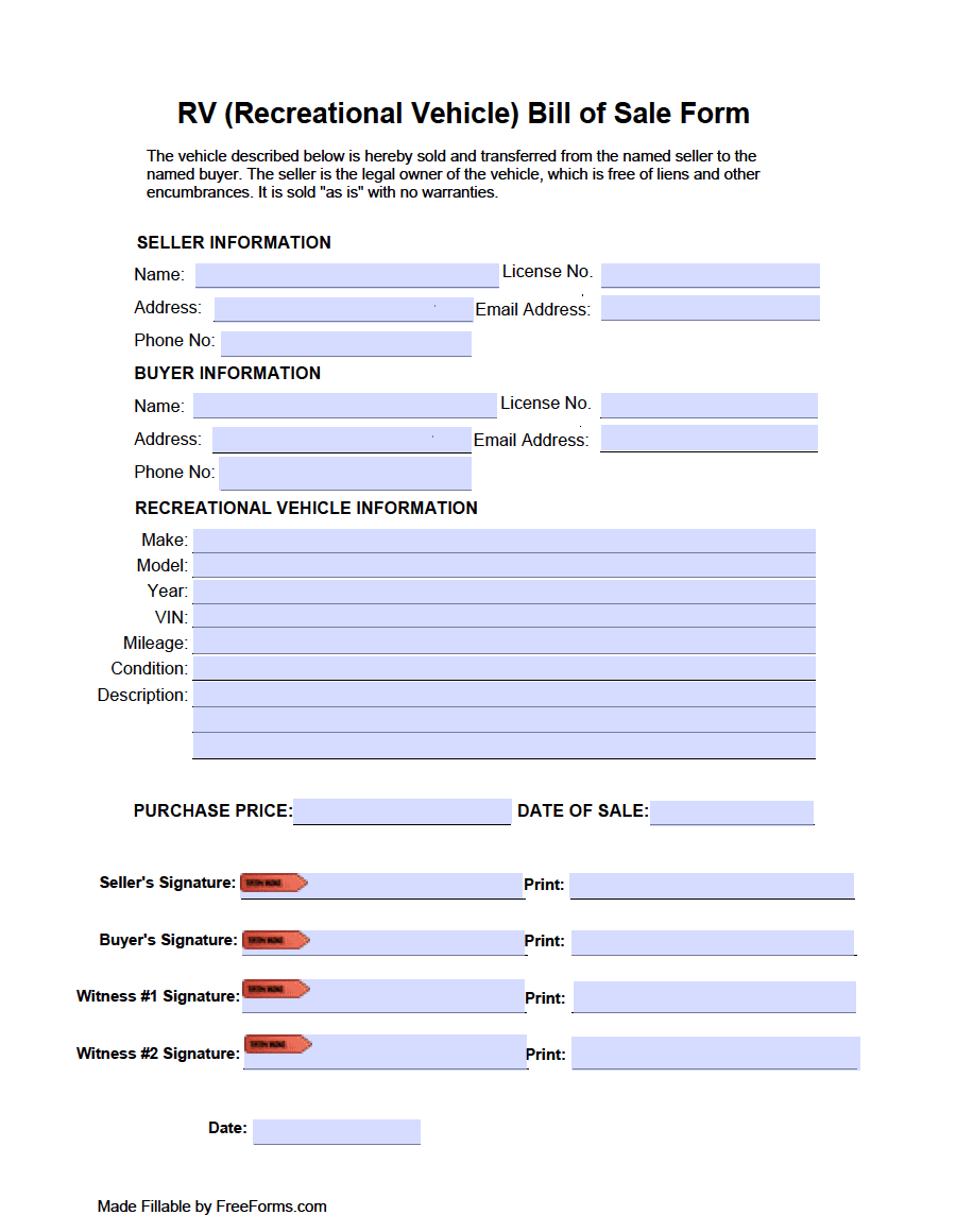 Bill Of Sale Form Printable Camper