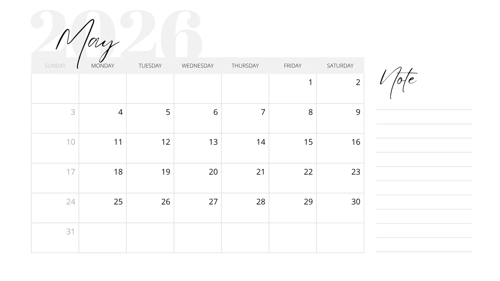 Blank May 2026 Calendar Free
