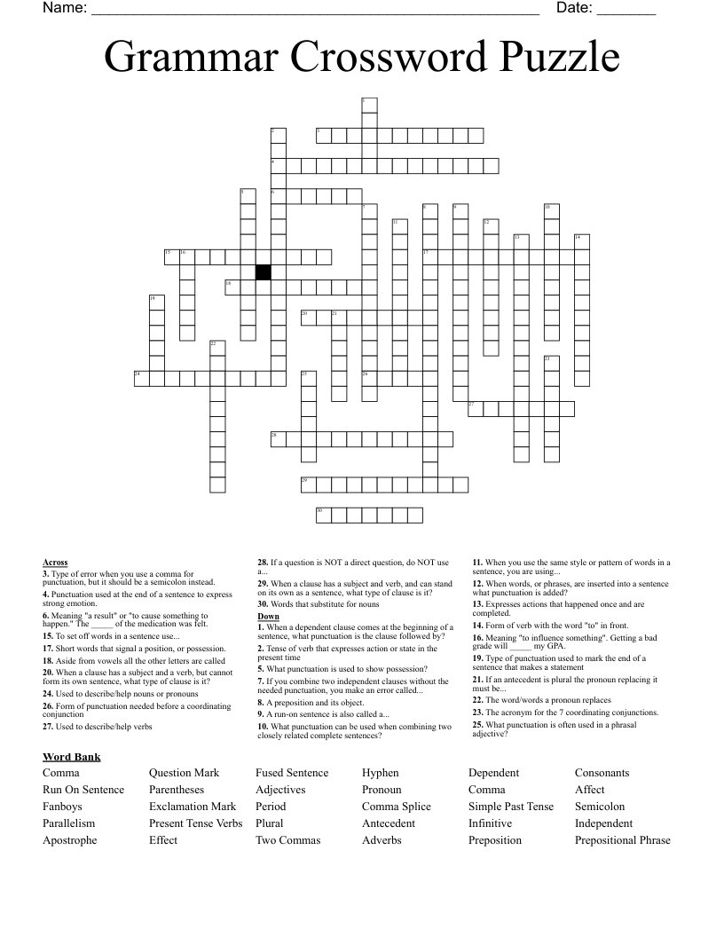 Free Printable Grammar Crossword Puzzles