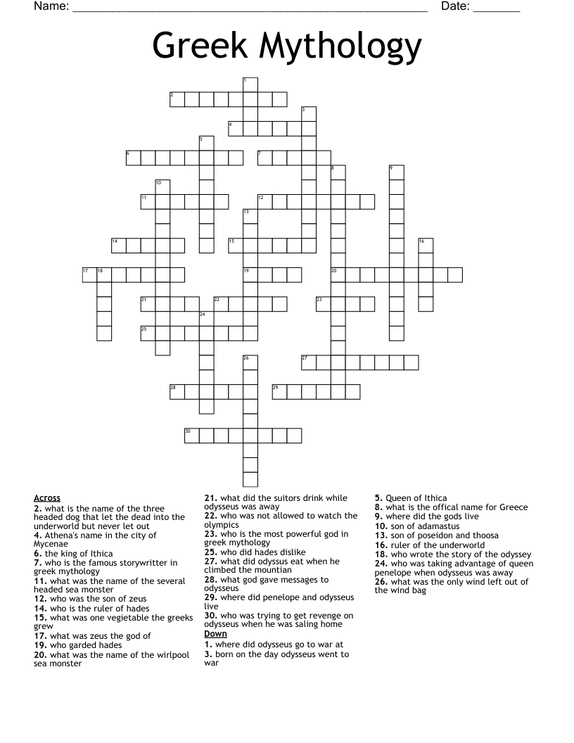 Free Printable Greek Mythology Crossword