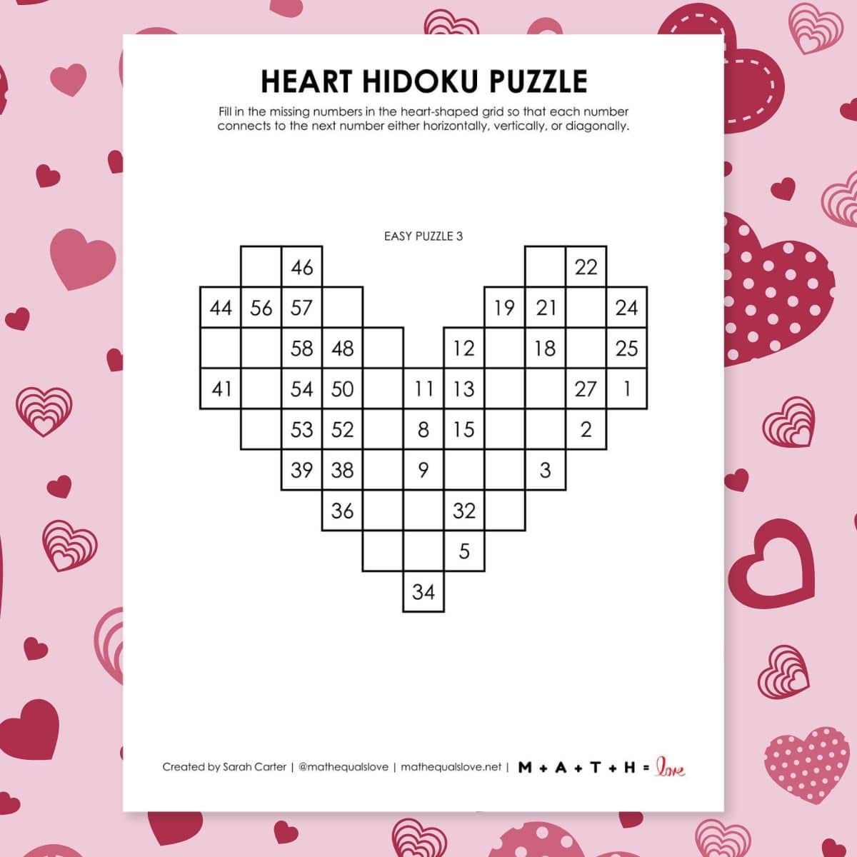 Heart Hidoku Puzzles For Valentine s Day Math Love