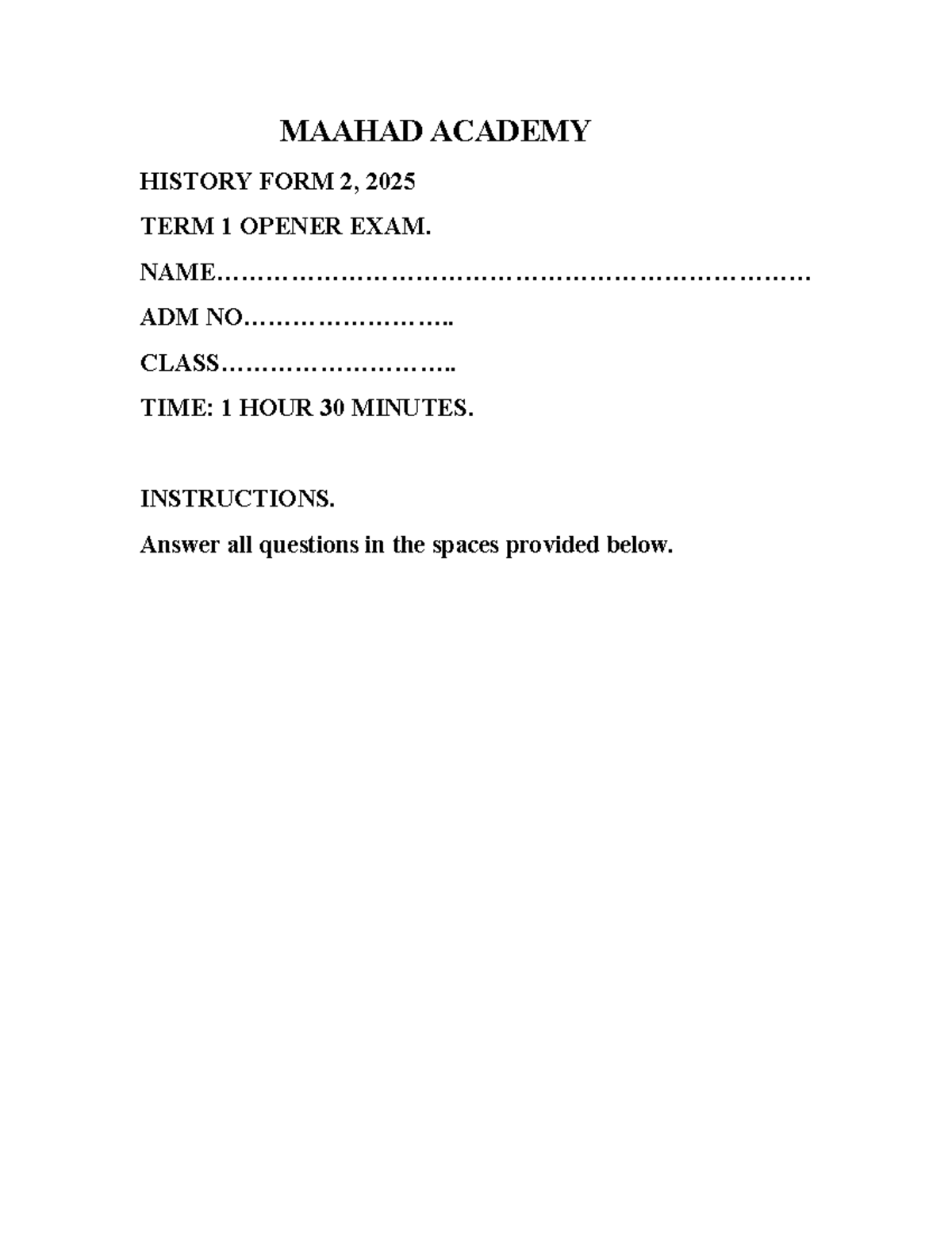 Form 2 Opener Exams