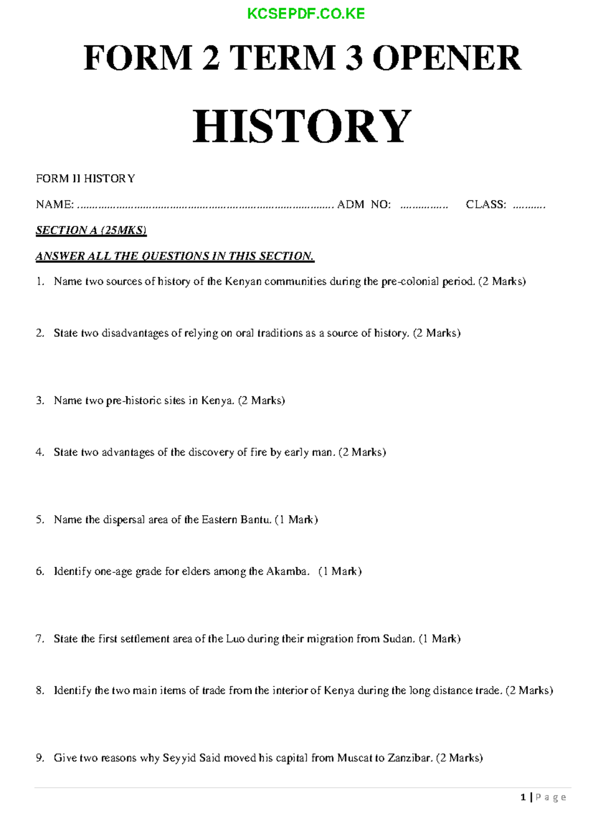 Form 2 Term 3 Opener Exams