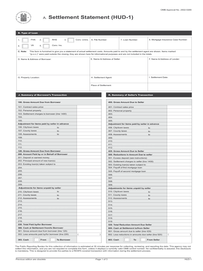 HUD 1 Form Fill Online Printable Fillable Blank PdfFiller