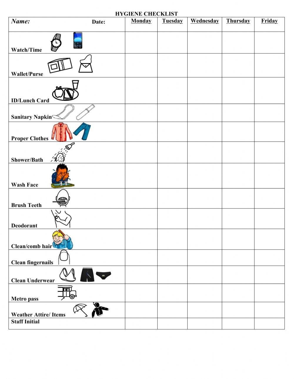 Hygiene Checklist Worksheet Worksheets Library