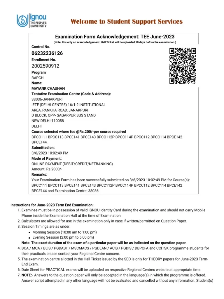 Ignou Exam Form June 2023 Fees