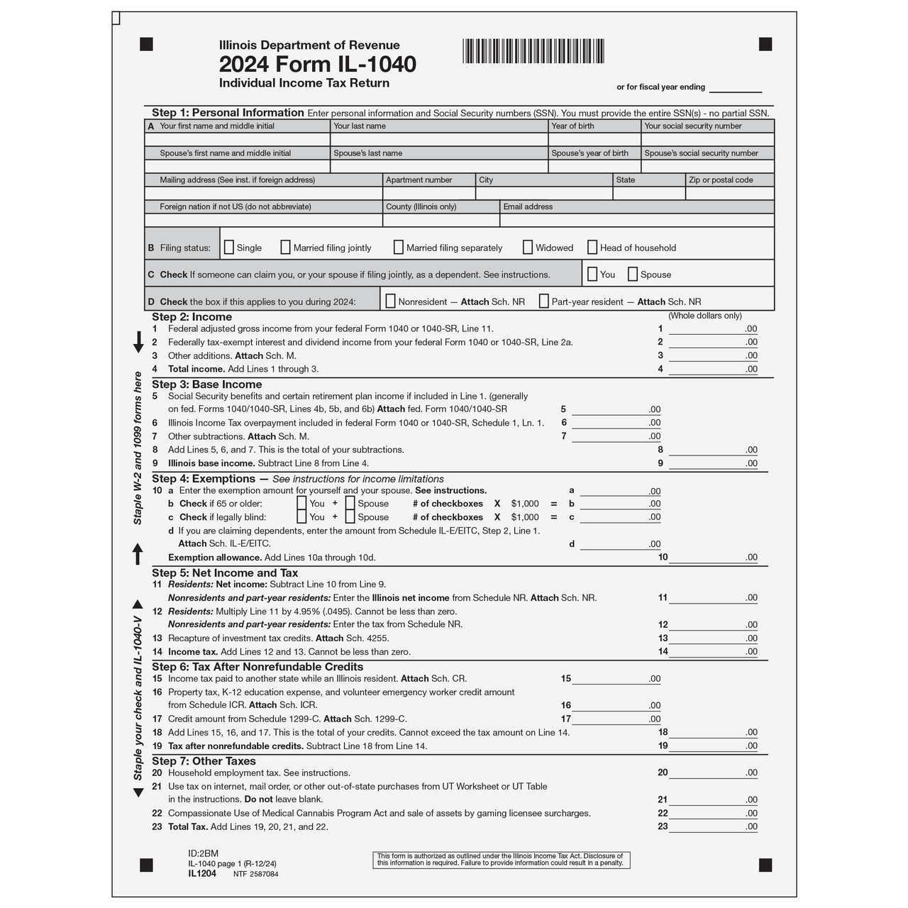 IL1204 Form IL 1040 Individual Income Tax Return Page 1 amp 2 