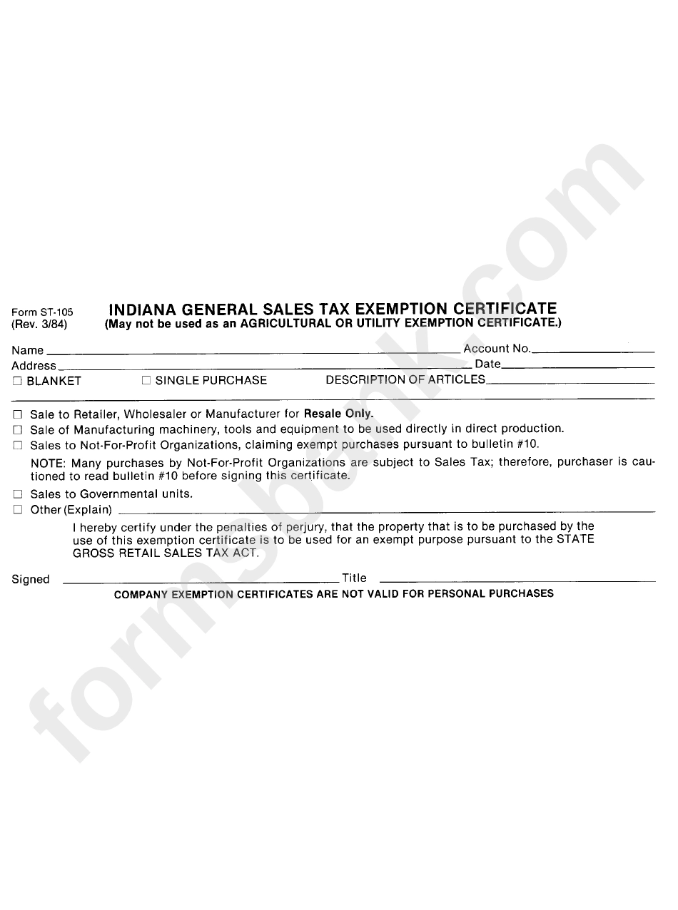 Indiana Sales Tax Exempt Form