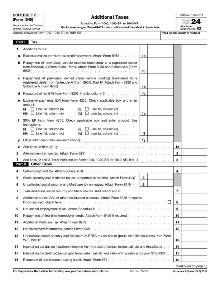 IRS Form 1040 Schedule 2 Additional Tax Reporting For Fill Out 
