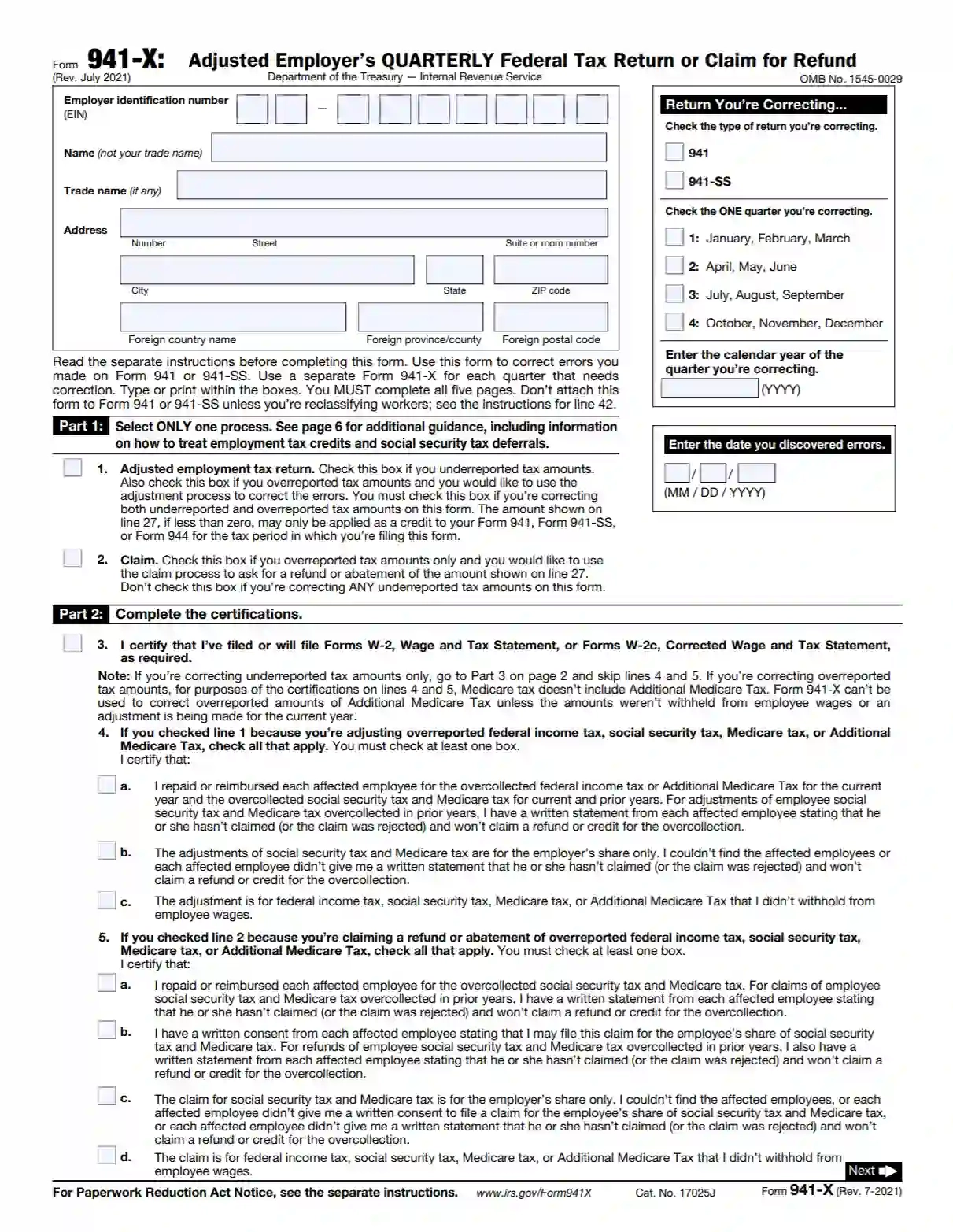IRS Form 941 X Fill Out Printable PDF Forms Online