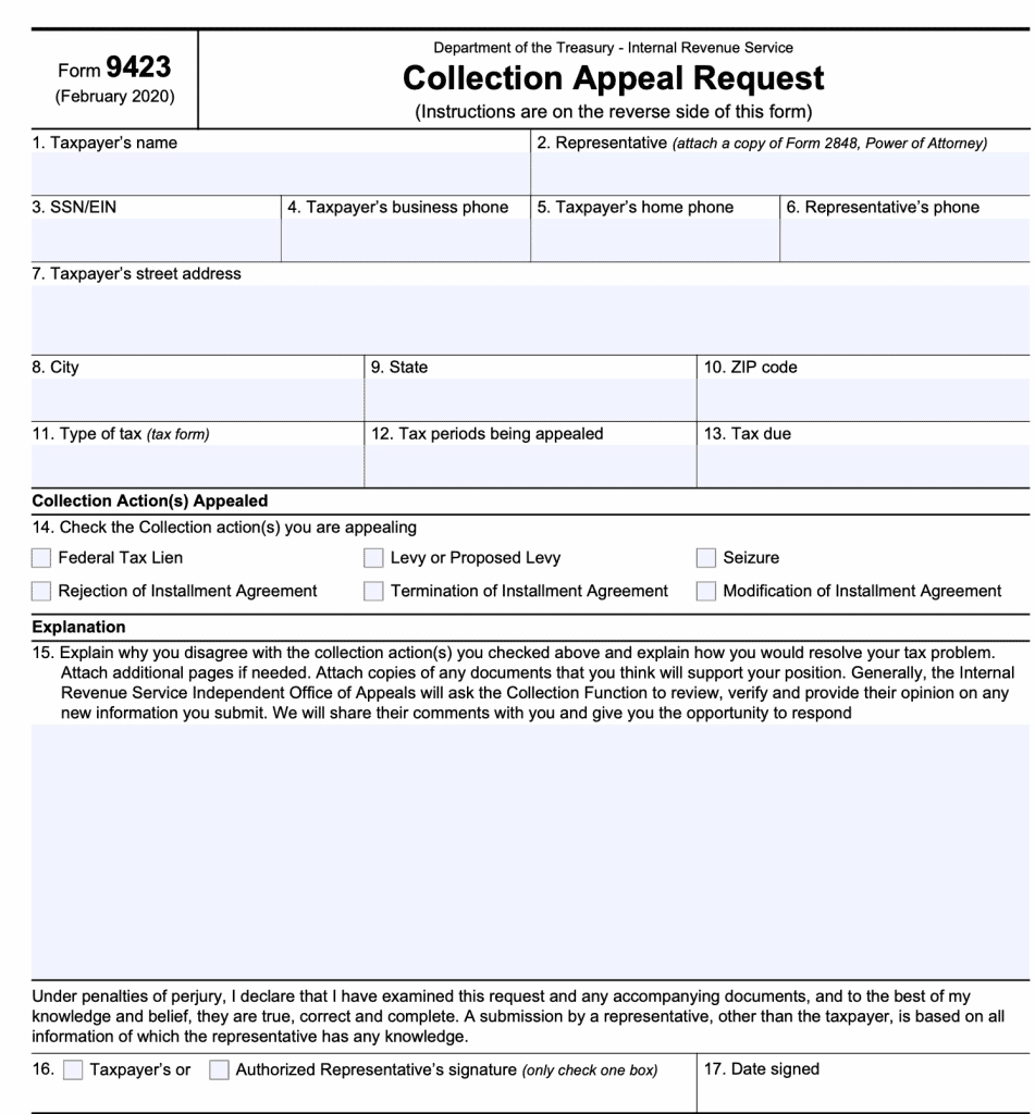 IRS Form 9423 Collection Appeal Request Wiztax