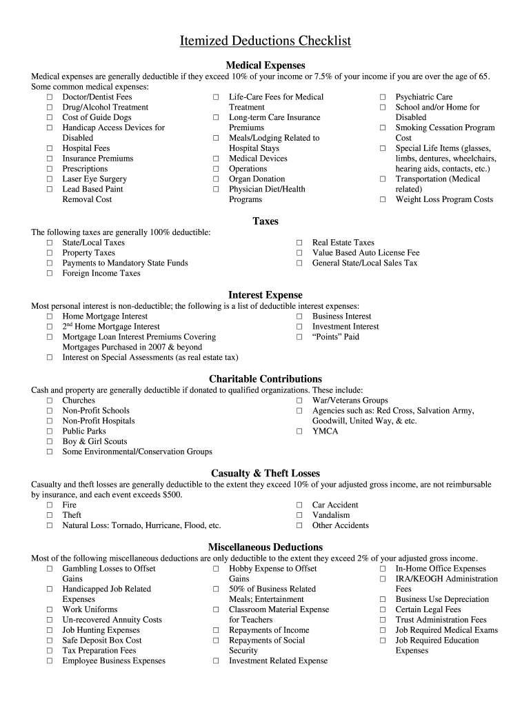 Printable Itemized Deduction Form
