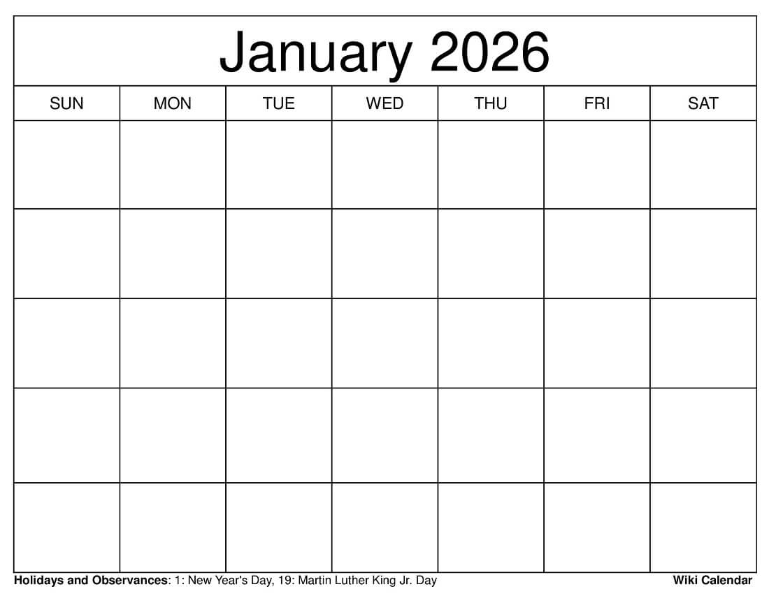 January 2026 Calendar With Holidays Printable Free