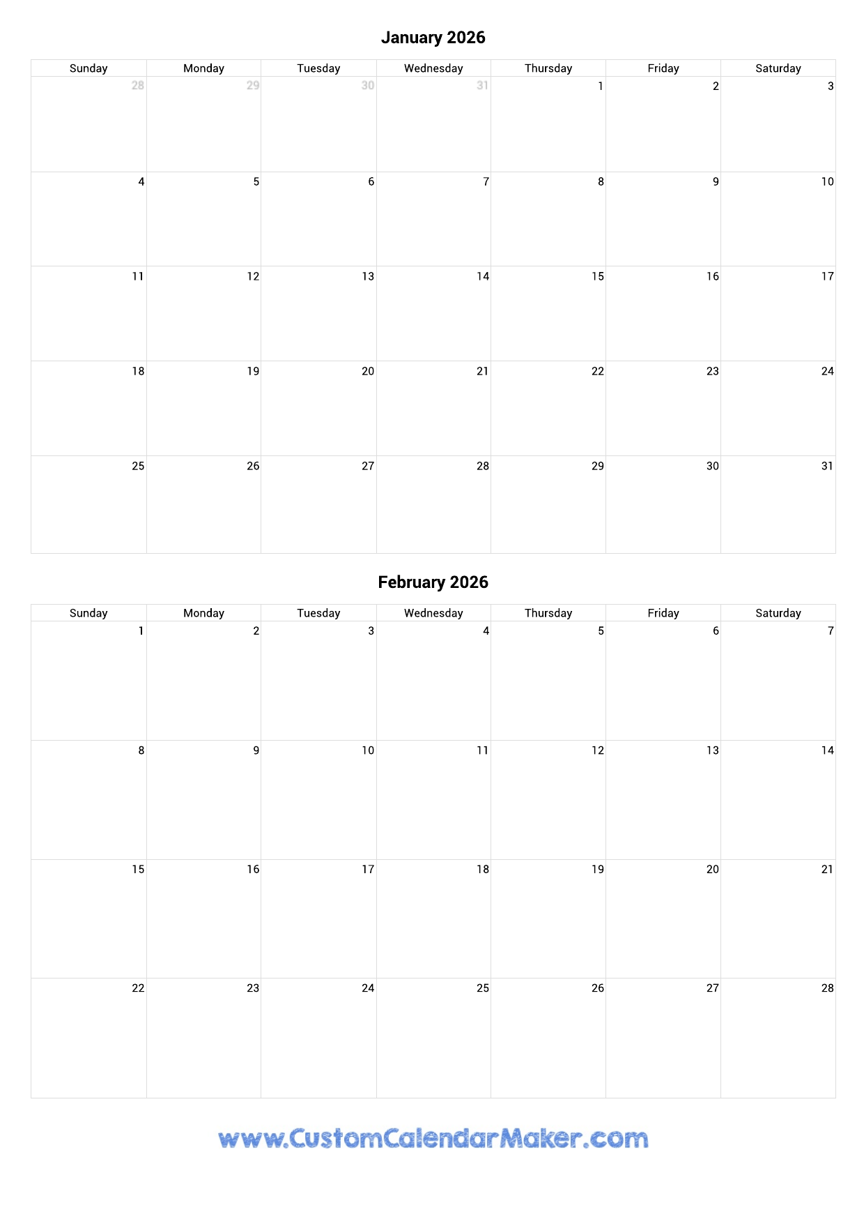 Printable Calendar January February 2026