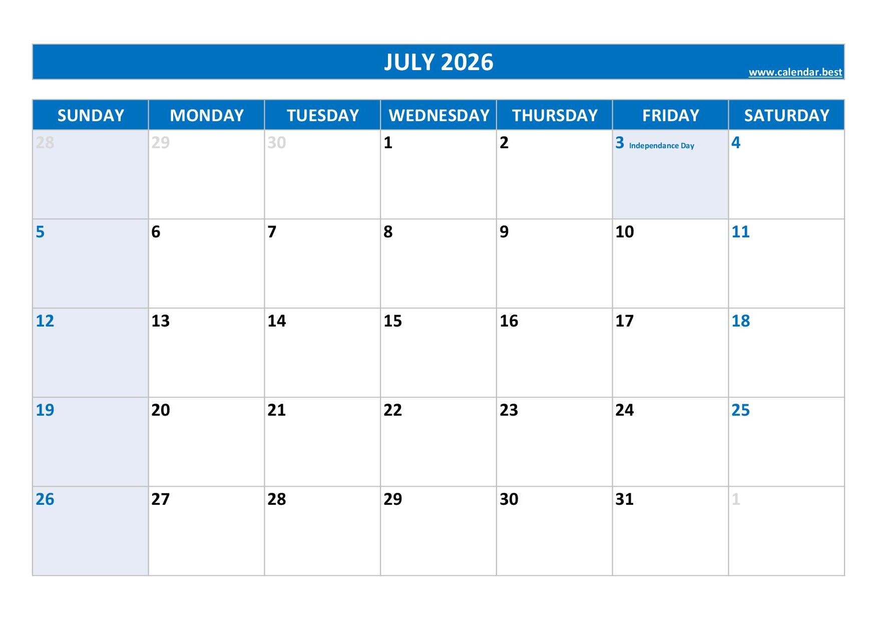 Blank Printable Calendar July 2026