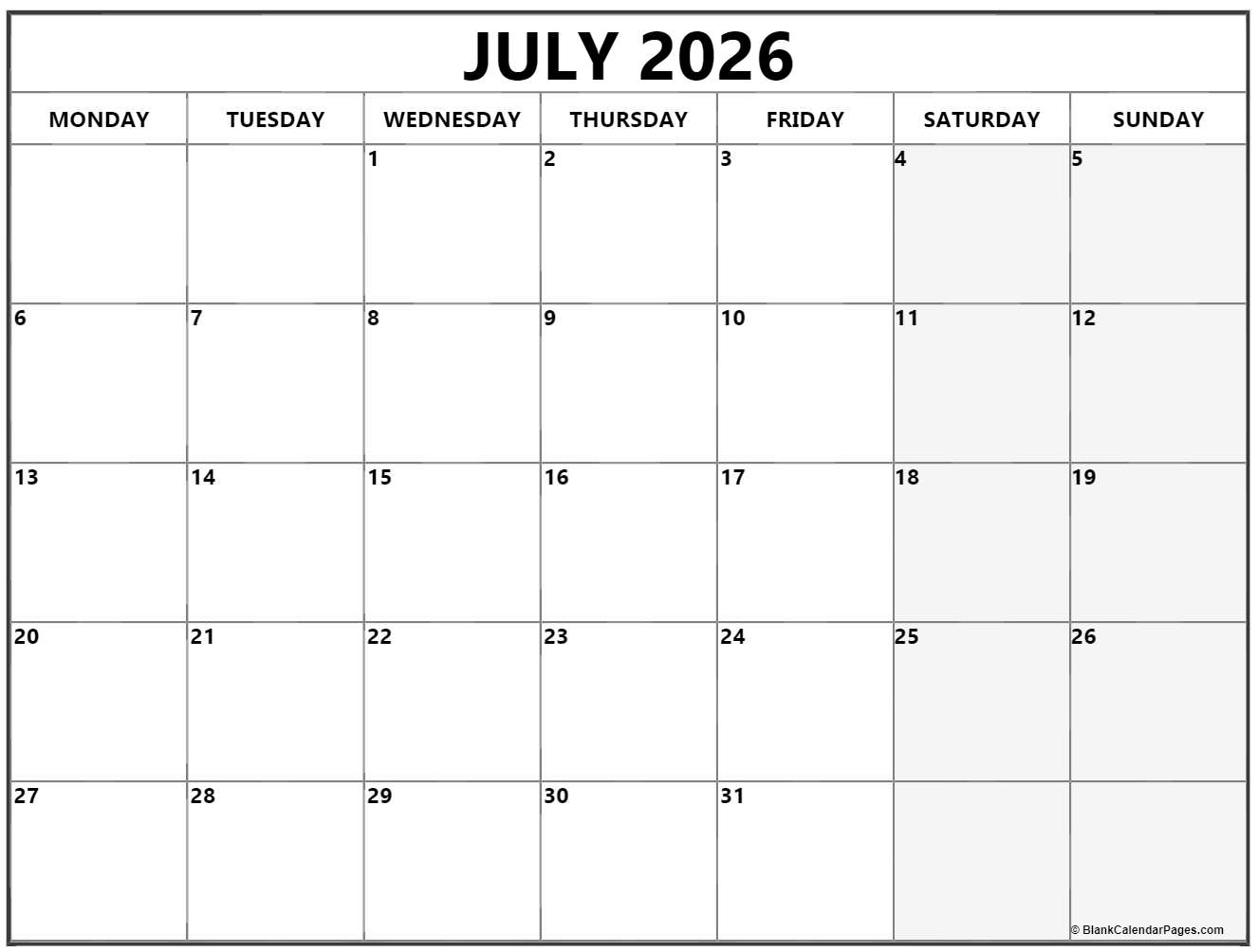 July 2026 Monday Calendar Monday To Sunday