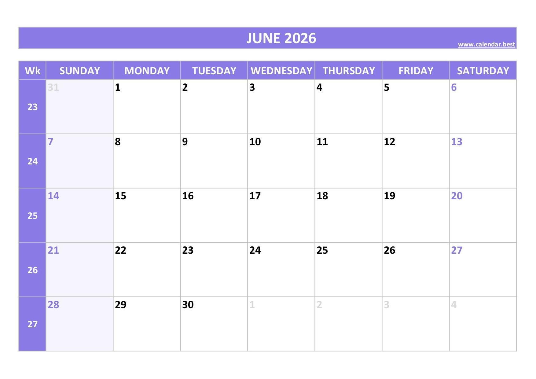 Blank June 2026 Calendar Printable Pdf