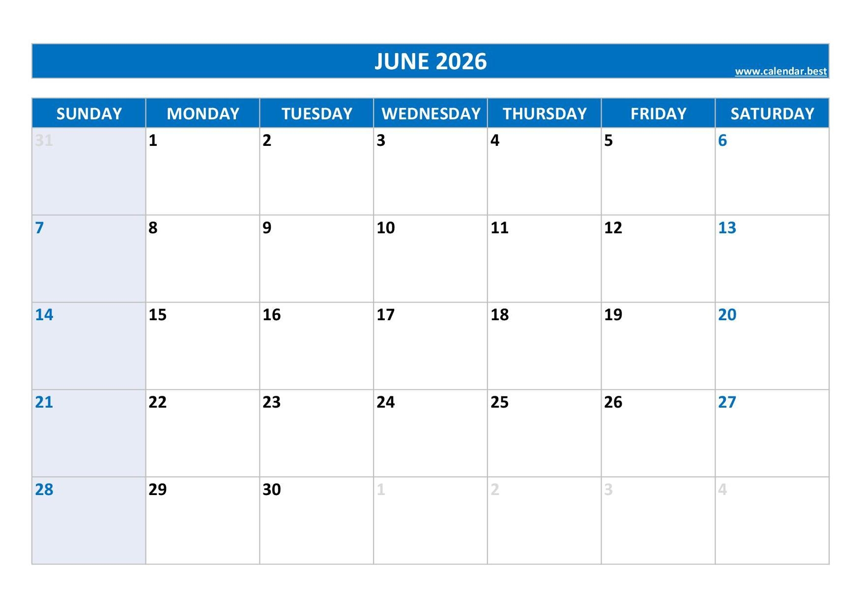 Blank June Calendar 2026 Pdf