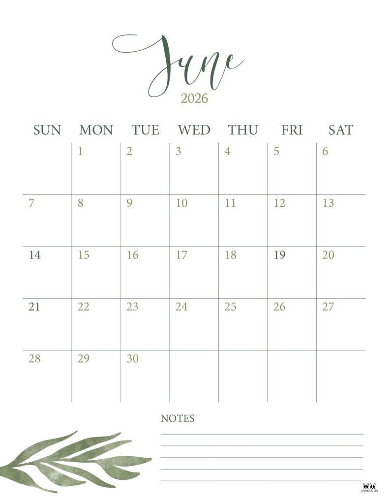 Free Printable Blank June 2026 Calendar