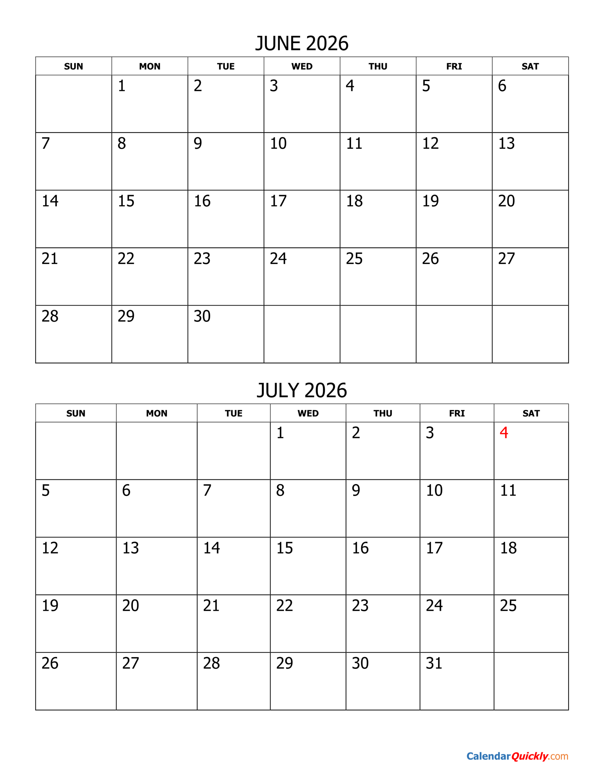 June And July 2026 Calendar Calendar Quickly