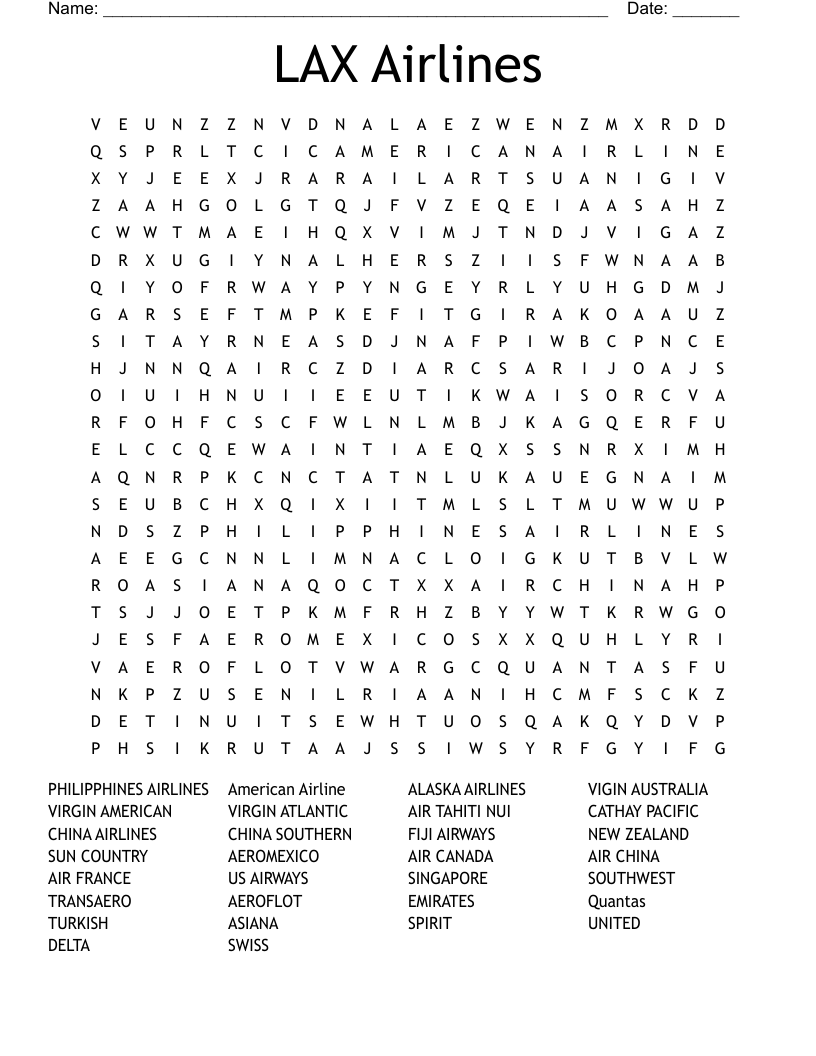 LAX Airlines Word Search WordMint