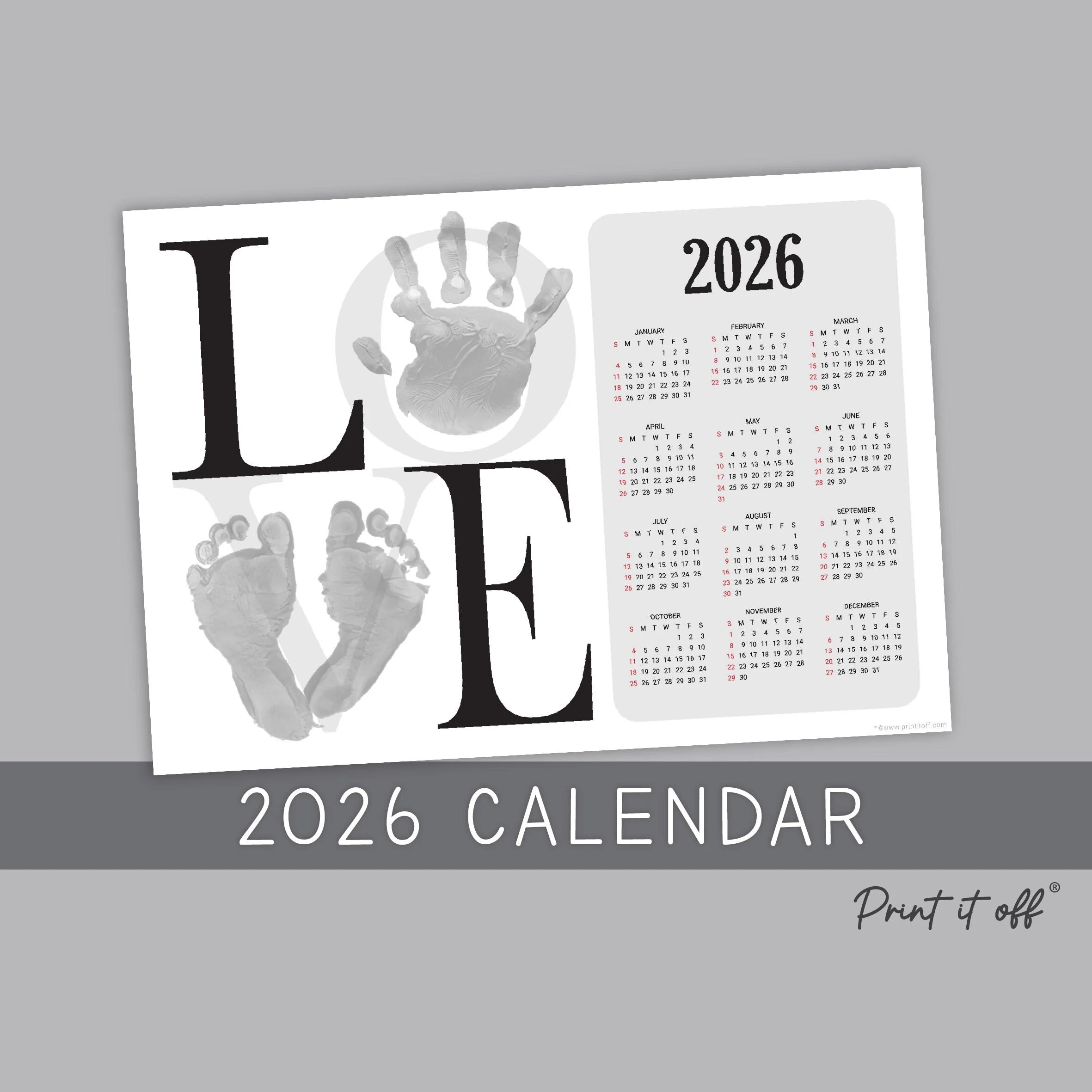 LOVE 2026 Calendar Year Handprint Art Craft Printable Keepsake Gift