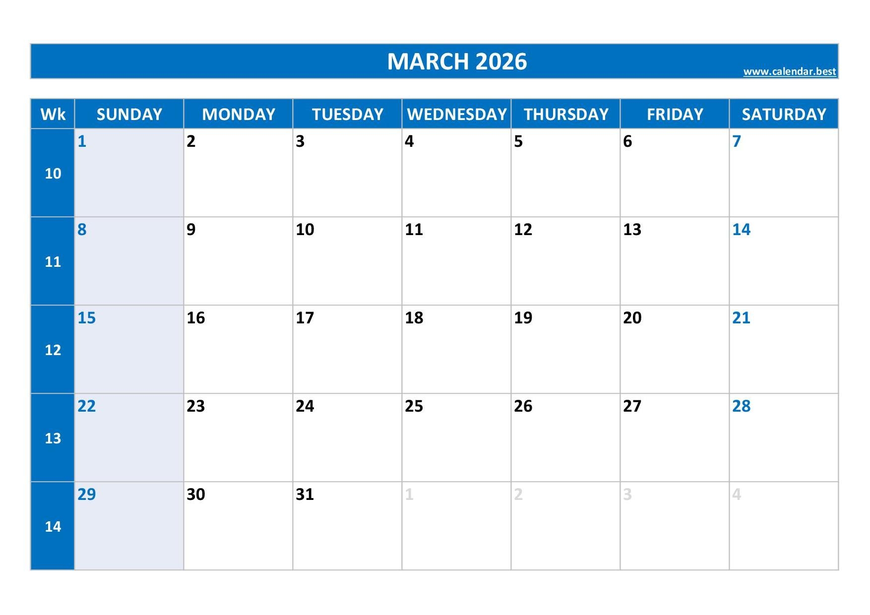 Blank Printable 2026 March Calendar