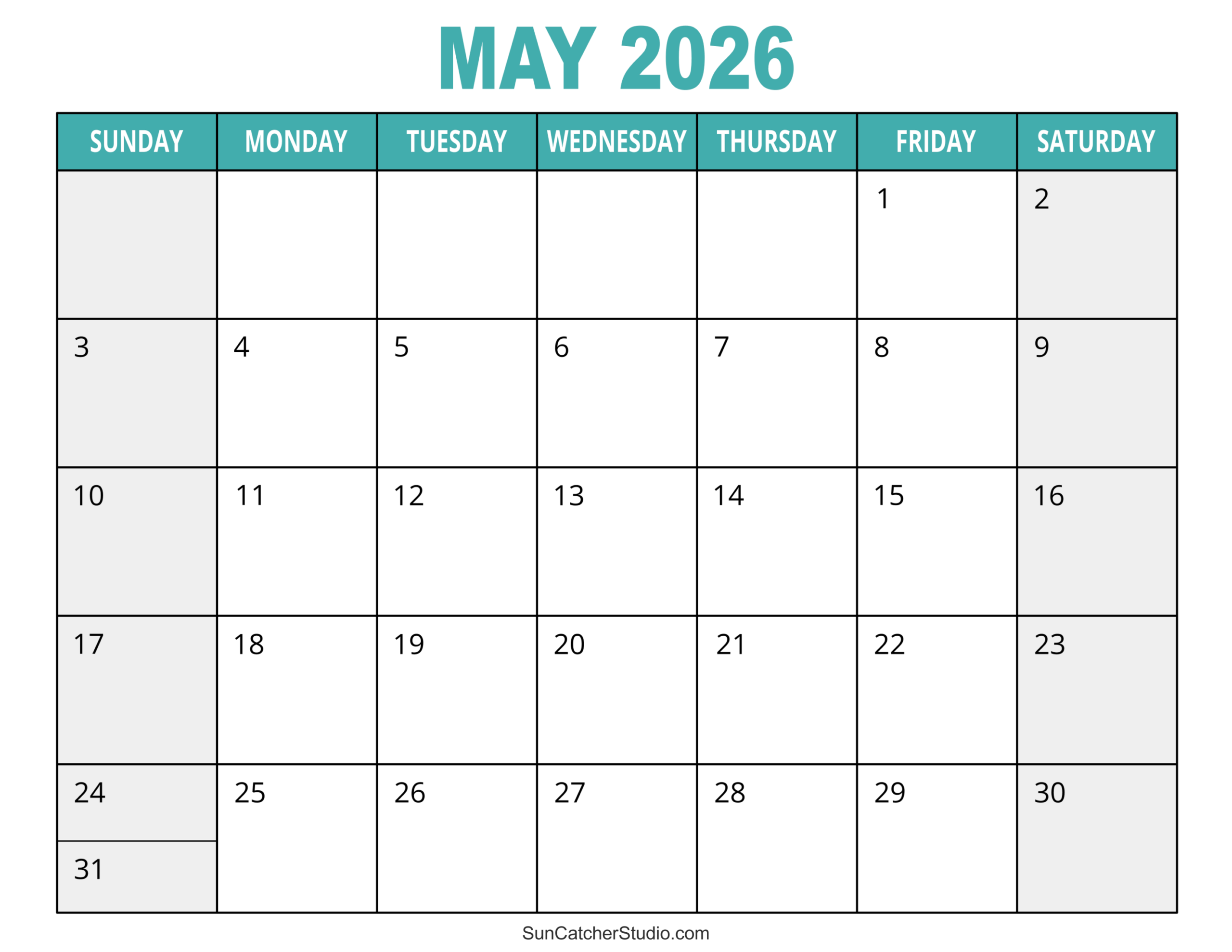 Blank 2026 Calendar Monthly Printable