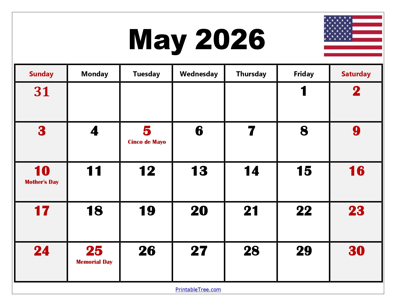 May Blank Calendar 2026 Printable Free