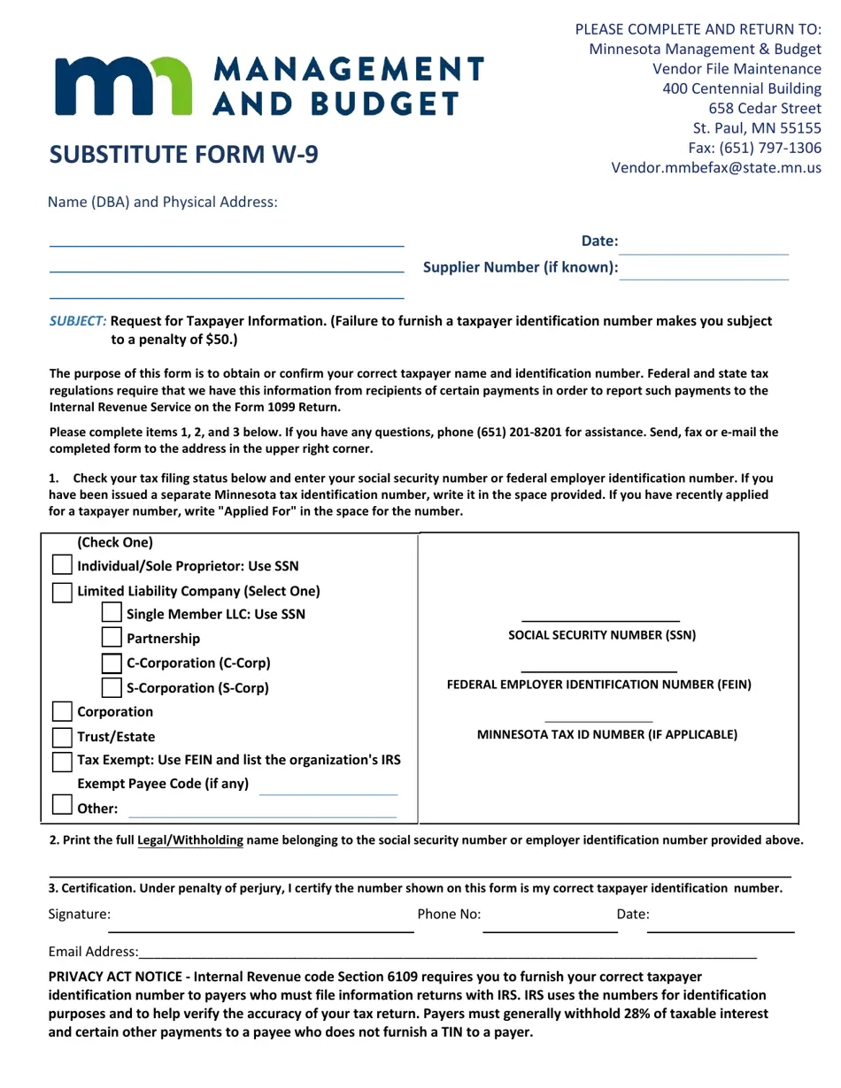 Mn W9 Form Printable