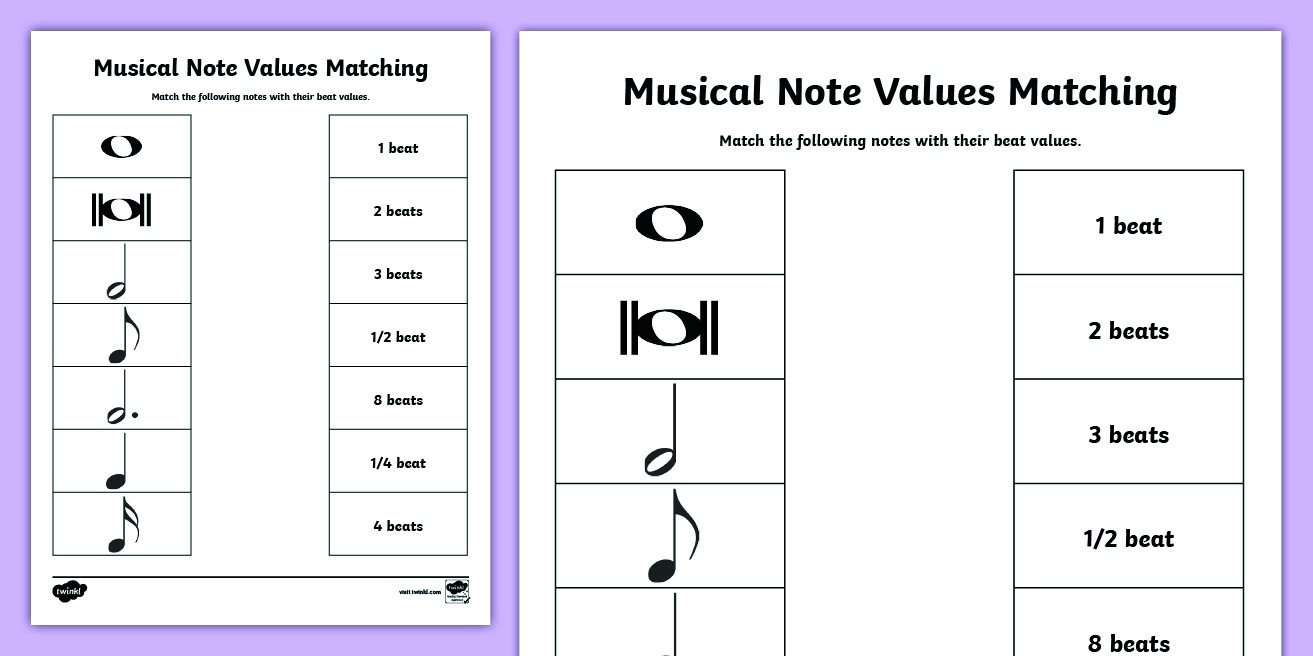 Musical Note Values Matching Worksheet