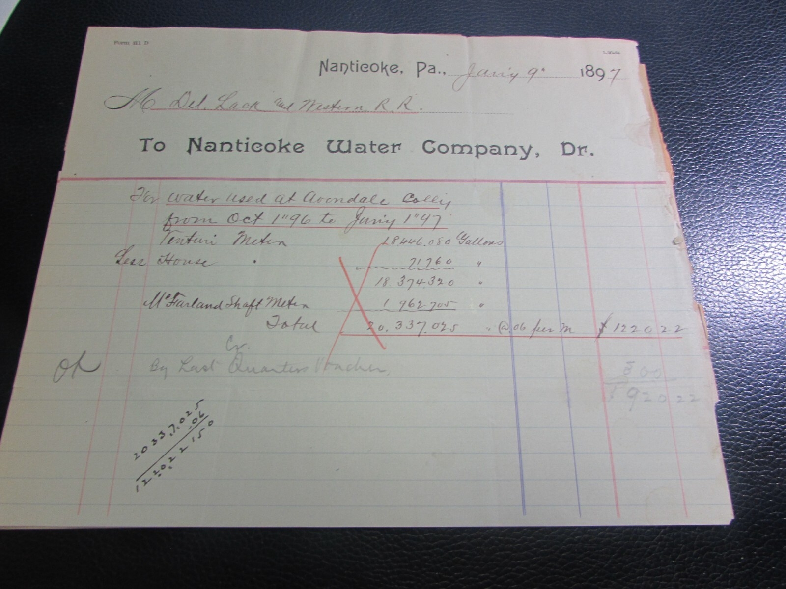 NANTICOKE WATER COMPANY NANTICOKE PA BILLHEAD 1897 B1 EBay